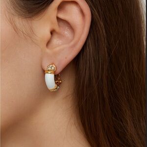 Nina Ricci Gold and White Enamel Hoop Earrings with Crystals